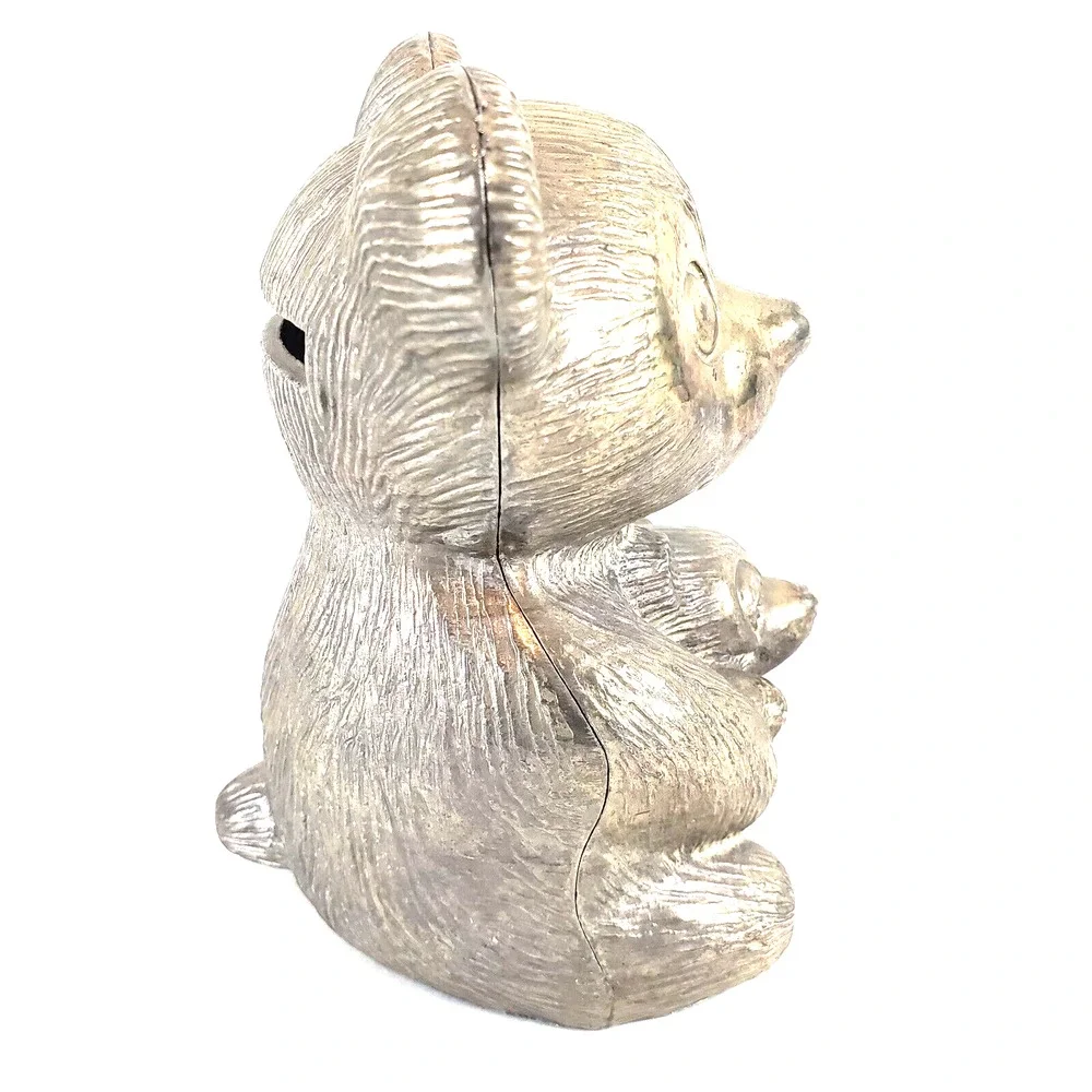 Baby Bear Holding Teddy Bear - Metal Bank / Statue - Vintage Made Taiwan 1970's!